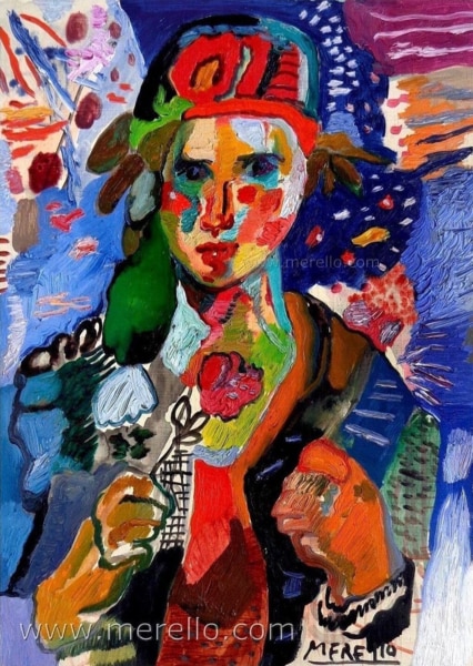 jose-manuel-merello-pintor-artista-artist.precio-cotizacion-comprar.-mujer-azul-con-clavel-40x30-cm.
